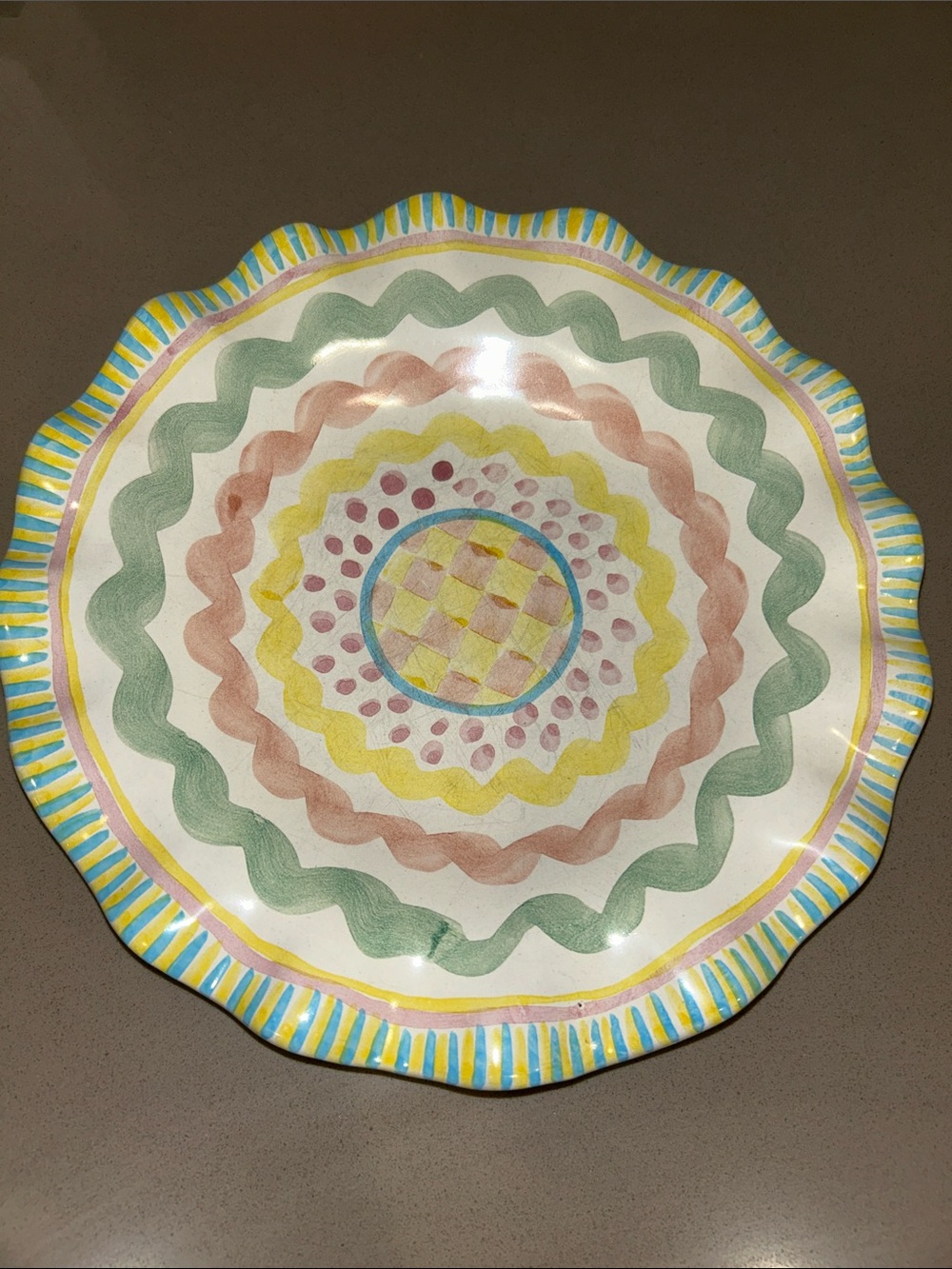 MacKenzie Child’s Colorful Scalloped Ceramic Dessert Plates - Green,Yellow,Pink